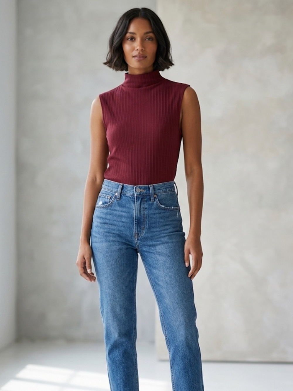 Madewell Wide Rib Mock Neck Sleeveless Tank Top Wine Burgundy Size M